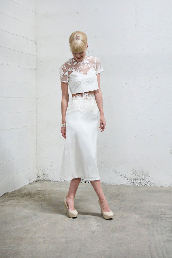Two Piece Trendy Wedding Dress Lace Crop Shirt by AnyaDionne