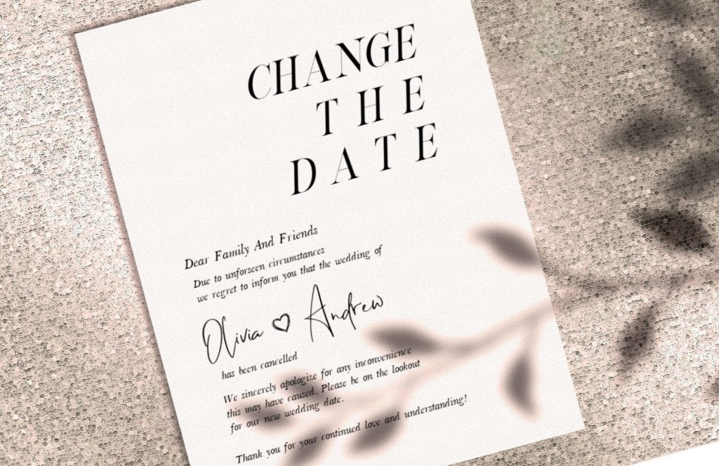 minimal Change the date kaart versturen verplaatsen bruiloft corona 