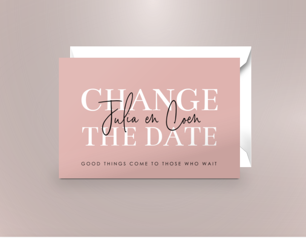 Change the date kaart versturen verplaatsen bruiloft corona uitnodiging roze