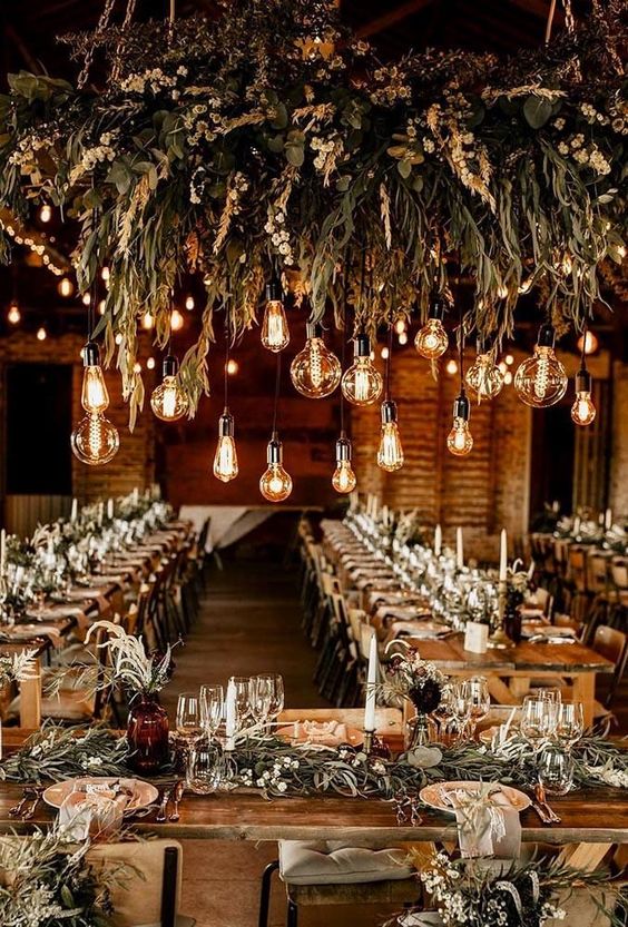 indoor barn wedding lights